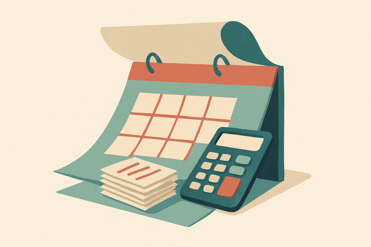 Ilustración editorial de una hoja de calendario con una pila de boletas y una calculadora encima, representando la declaración anual de impuestos