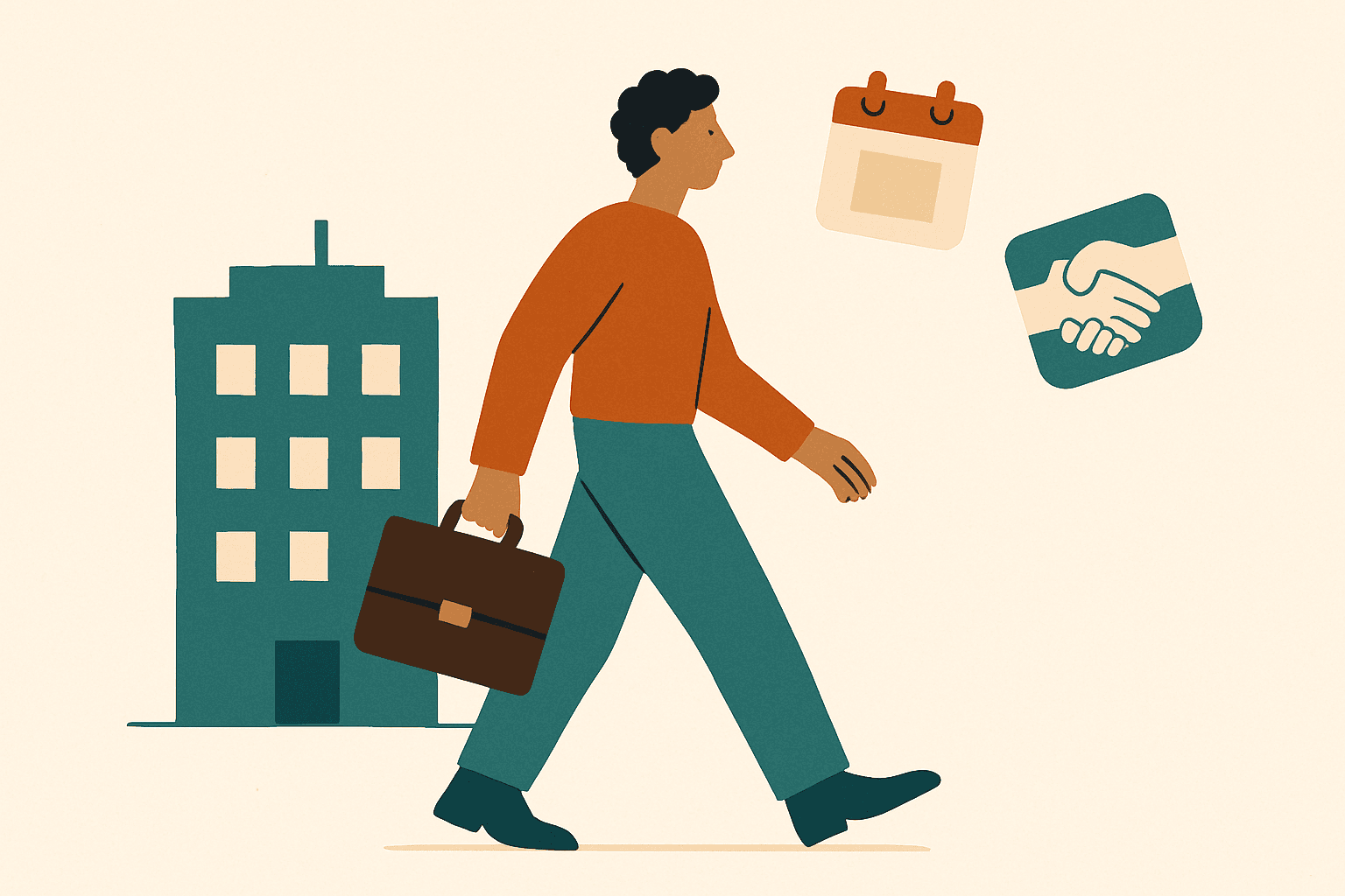 Ilustración editorial de una persona saliendo de una oficina con un maletín, con un pequeño calendario y un apretón de manos flotando cerca
