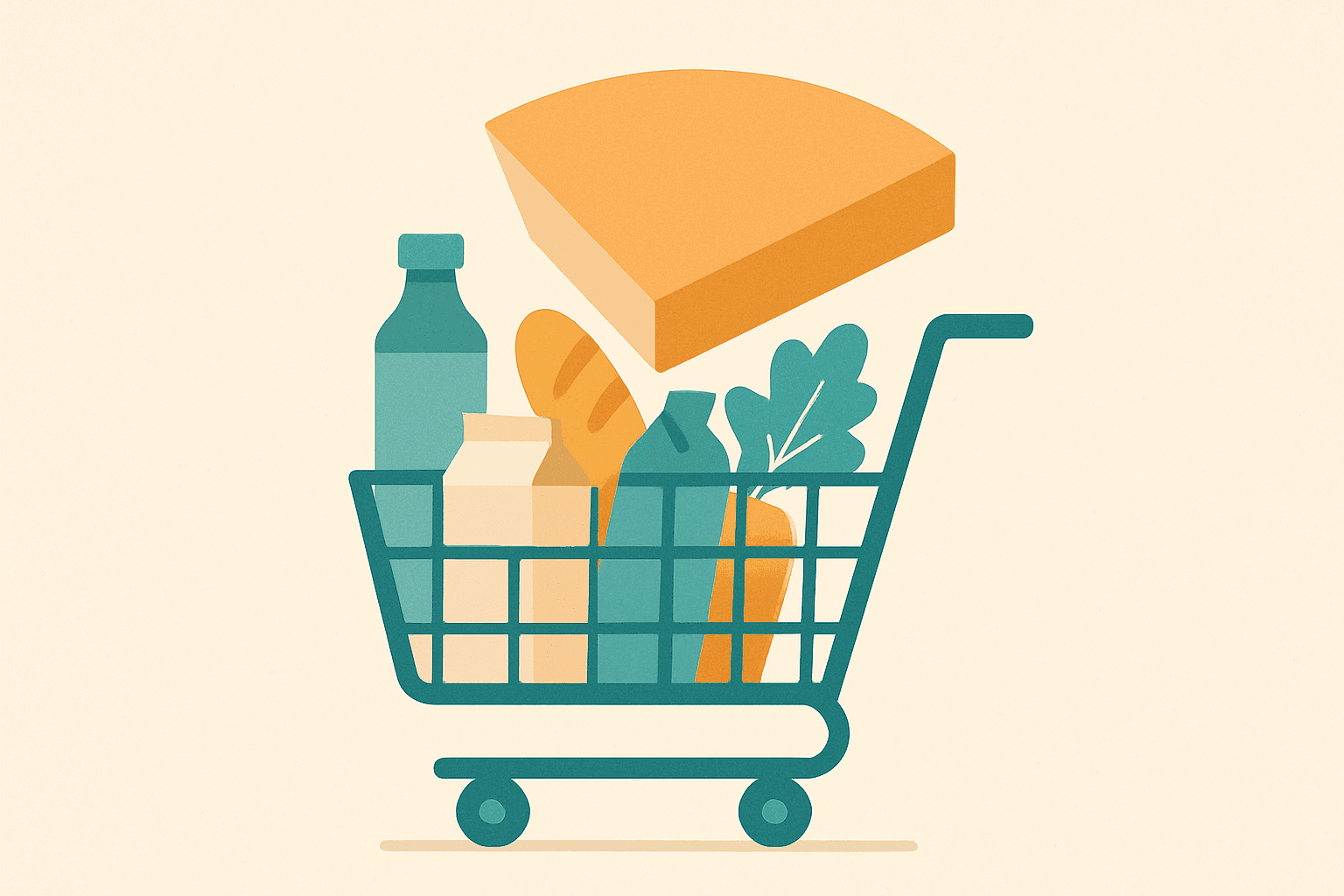 Ilustración editorial de un carro de supermercado con una fina cuña translúcida flotando sobre los productos, representando el impuesto agregado