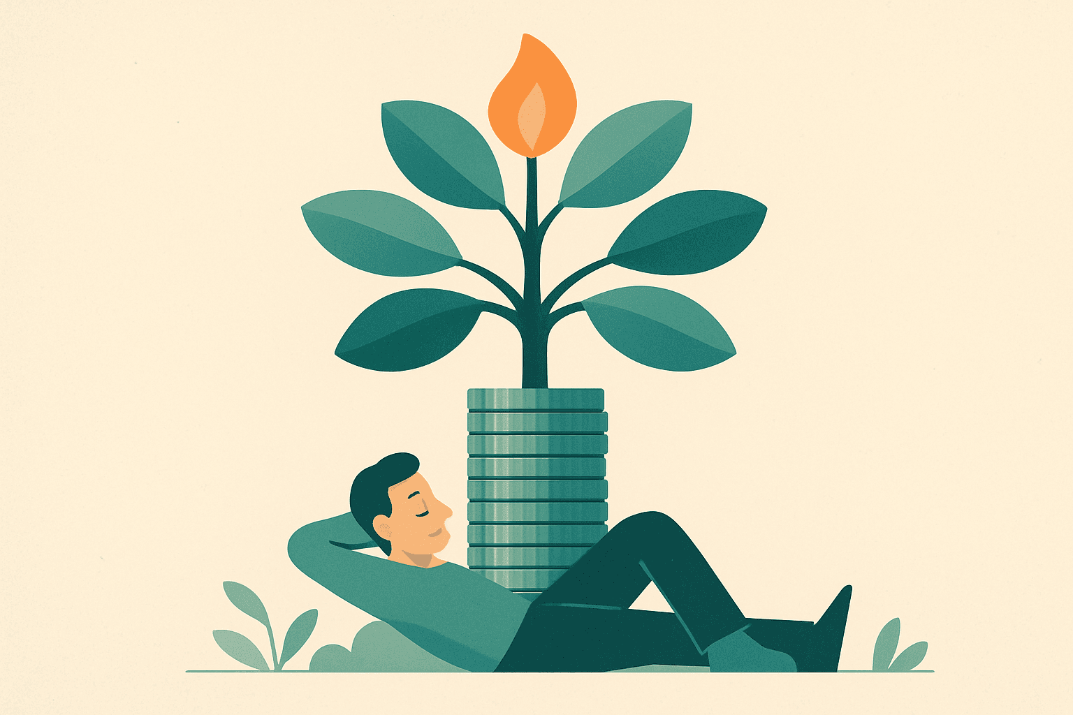 Ilustración editorial de una persona descansando bajo un árbol que crece de una pila de monedas, con una pequeña llama entre las hojas