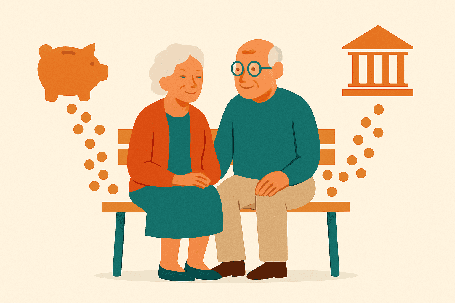 Ilustración editorial de una pareja de adultos mayores en una banca, con dos flujos de monedas llegando desde una alcancía y un edificio de gobierno