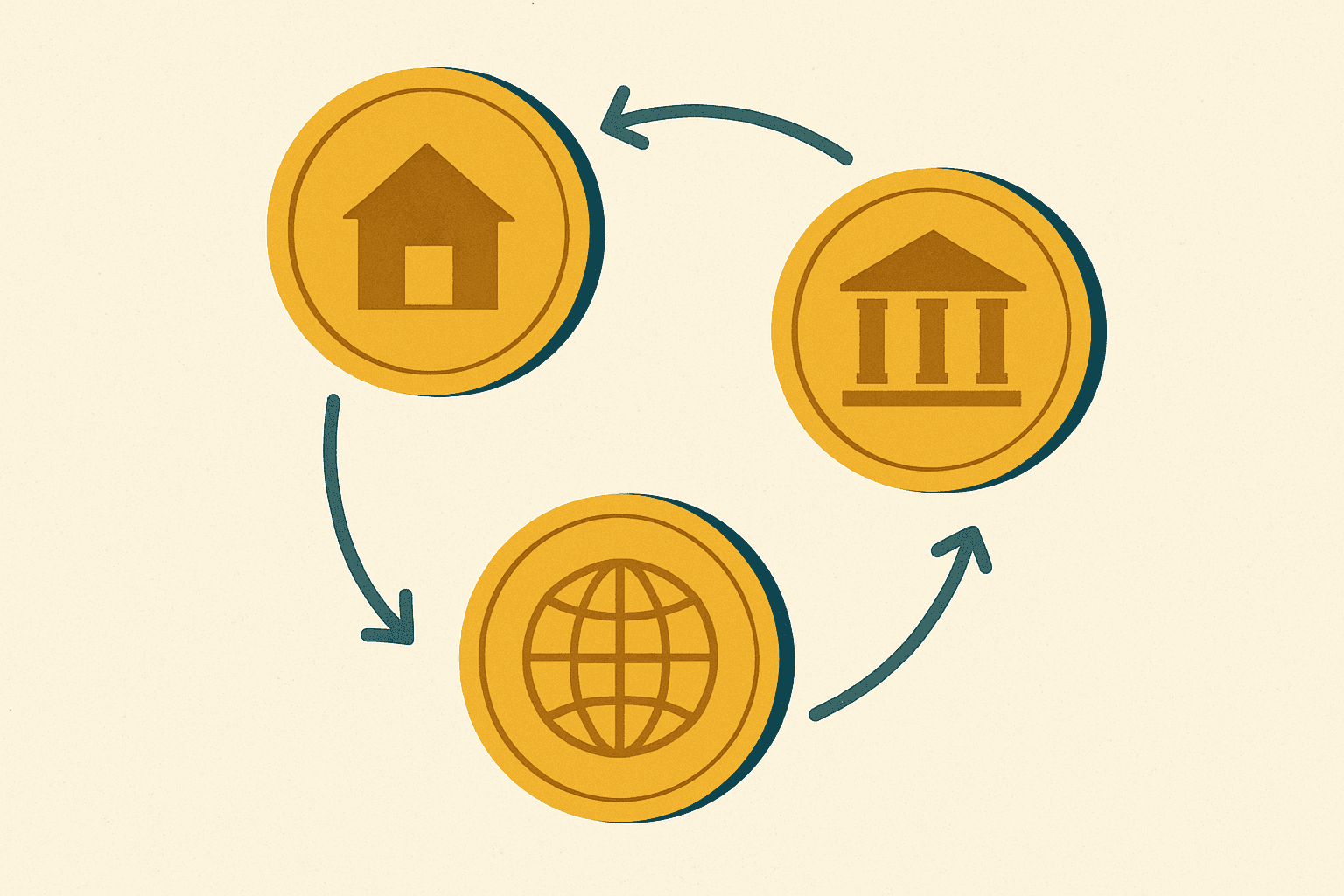 Ilustración editorial de tres monedas distintas conectadas por flechas circulares de cambio, una con una casa, una con un edificio y una con un globo
