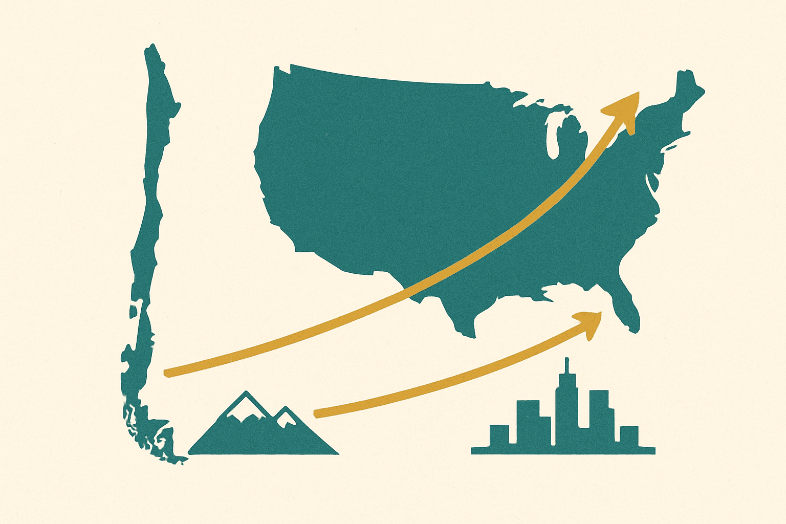 Ilustración editorial de dos líneas de crecimiento bursátil ascendentes sobre un mapa estilizado de Chile y Estados Unidos, una subiendo con fuerza y la otra de forma mucho más pronunciada