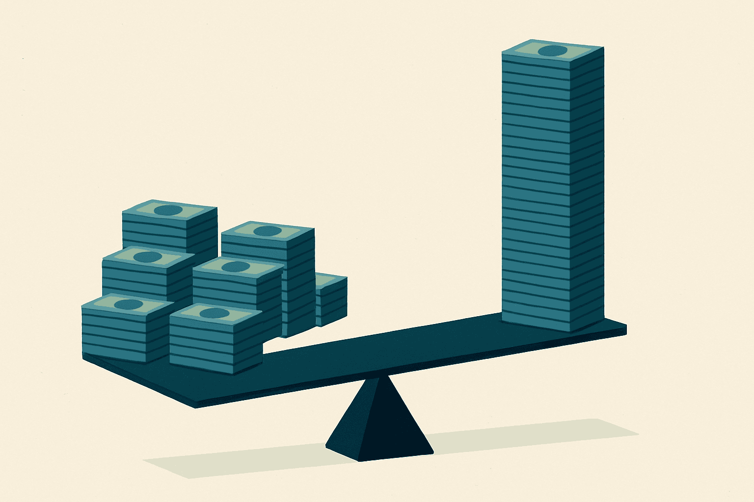 Ilustración editorial de una balanza hecha de billetes chilenos, con un solo montón muy alto inclinando la balanza frente a varios montones parejos